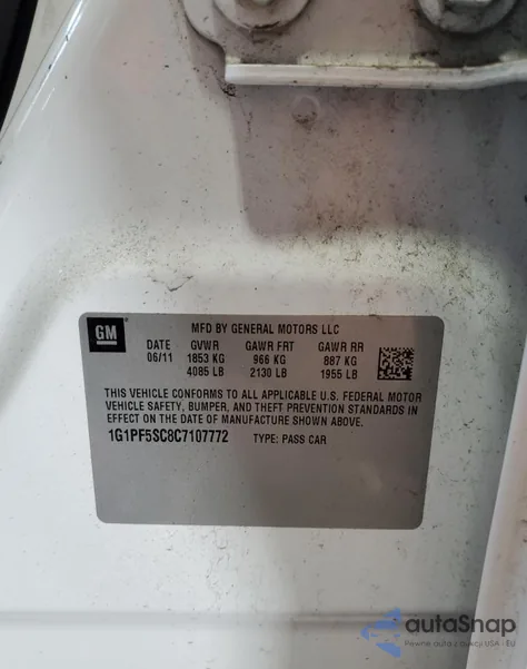 2012 Chevrolet Cruze Lt from USA, damaged, VIN 1G1PF5SC8C7107772